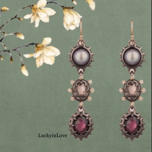 ALEXIS BITTAR • NEW Gold Gunmetal Pearl Stone 3 Stone Drop Spiked Earrings - Picture 6 of 11